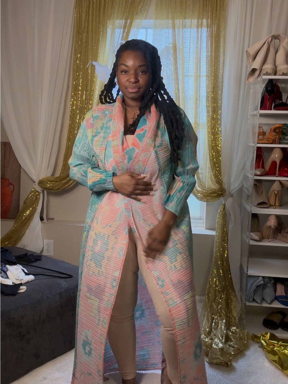 Long Pastel Duster Coat in Mint & Peach